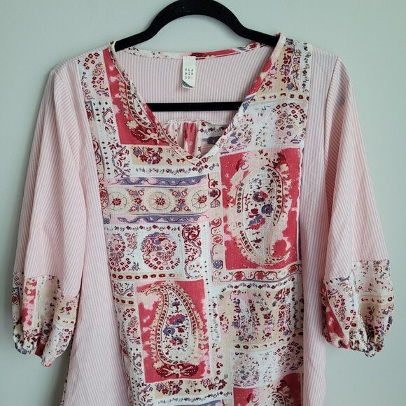 Flamingo Pink Striped Paisley Floral Print Puff Short Sleeve V-Neck Top - Picture 3 of 10